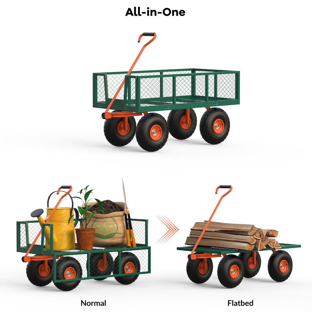 Garvee Steel Garden Cart Utility Wagon, 500 LBS Capacity, Folding Design, Removable Sides, 10 Inch Tires, Heavy-Duty Steel, Green & Orange, Outdoor Lawn Use
