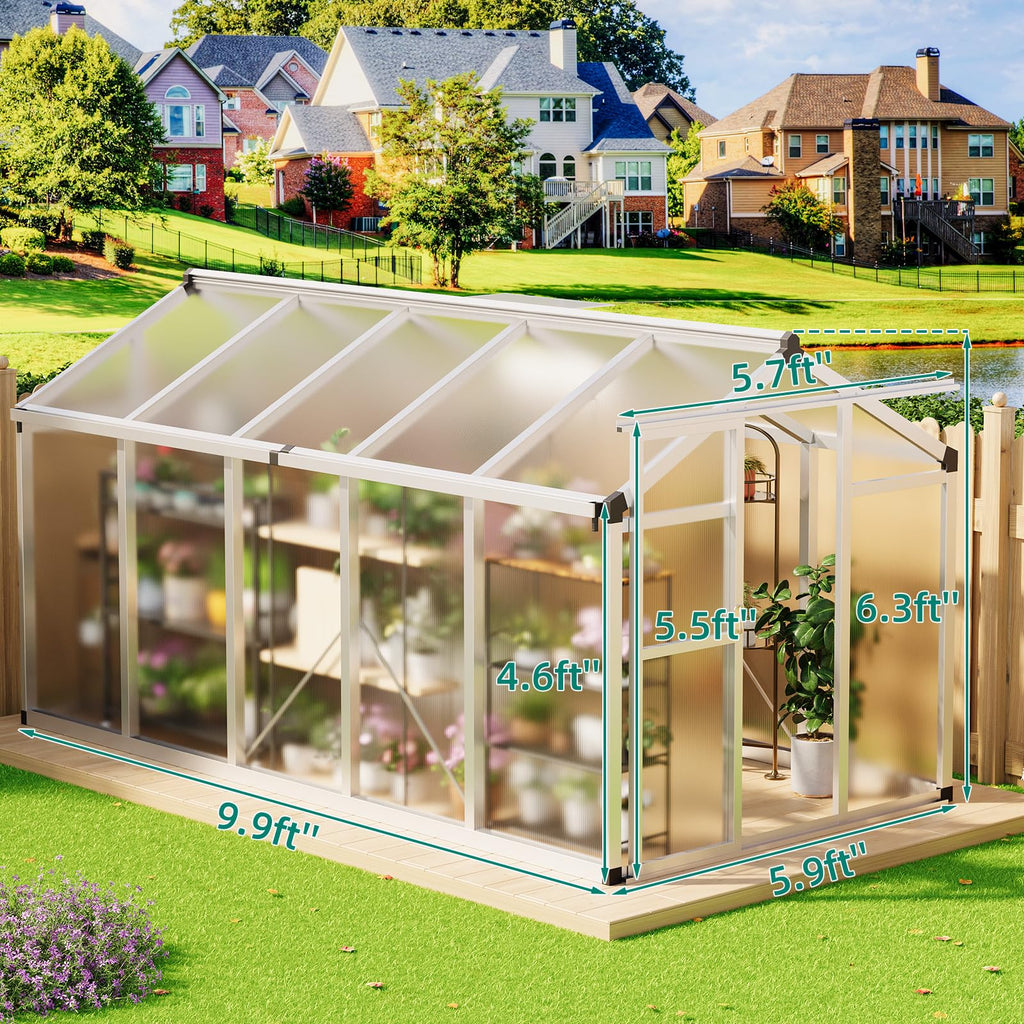 Garvee 6'x10' Small Walk-in Greenhouse – Vented Roof, Adjustable Vent, Windproof Aluminum Frame, Lockable Door, Sliver