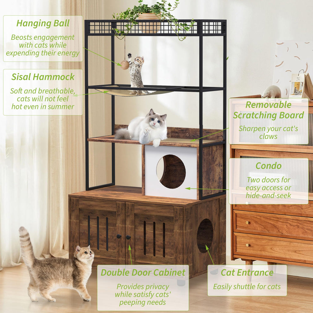 Garvee Wooden Cat Litter Box Furniture Hidden with Storage Shelf, Sisal Hammock & Reversible Entrance, Engineered Wood+Metal, Scratch Mat & Play Ball, Rustic Brown, Indoor Cat House