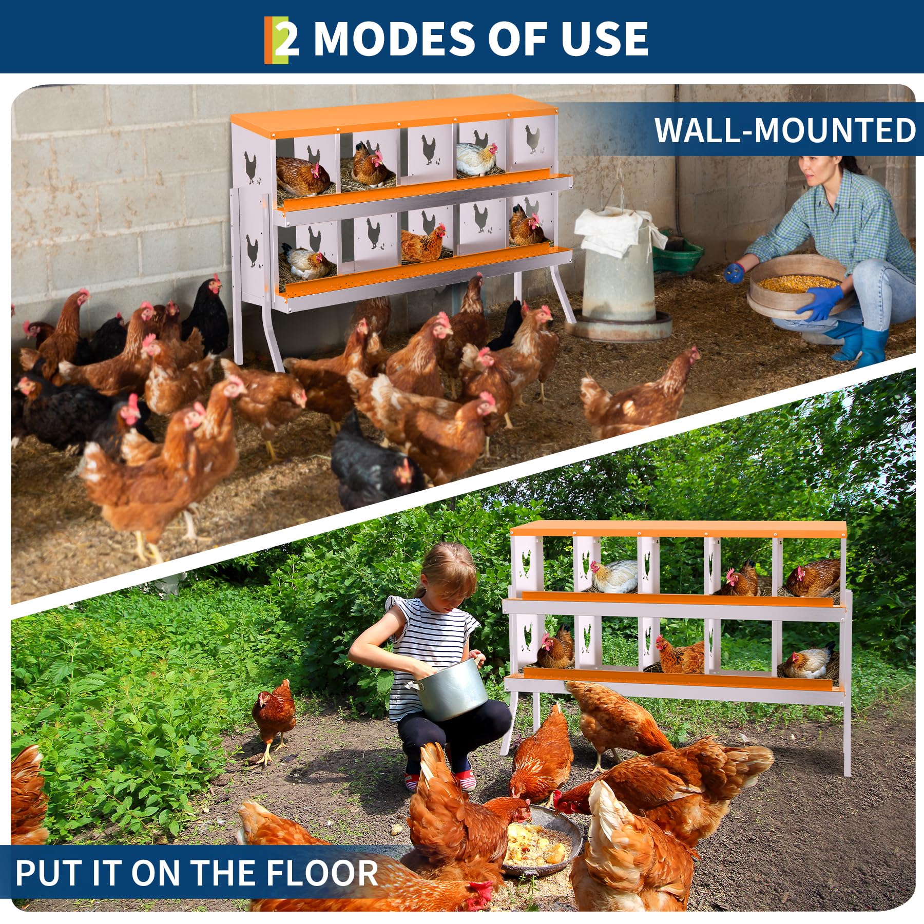 Garvee 10-Hole Bracket Legs Chicken Nesting Box Galvanized Steel Rustproof Automatic Egg Collection Ventilated Easy Install Wall or Freestanding for Chicken Coop Orange