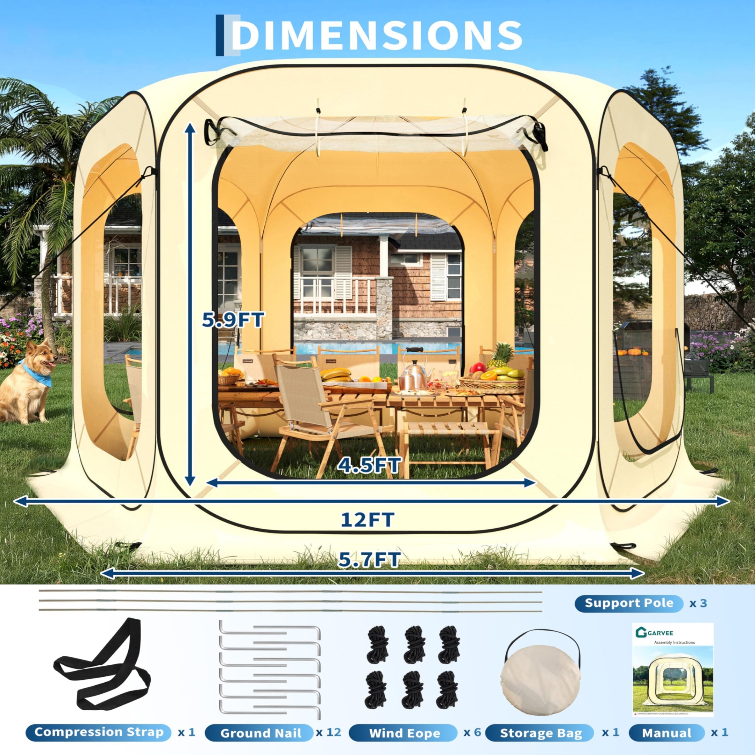 Garvee 12x12 FT All-Weather Clear Bubble Tent – Pop Up Transparent Outdoor Camping Shelter, Waterproof, Windproof & UV Protected Screen House for 8-10 People, Patio, Backyard & Events (Beige)