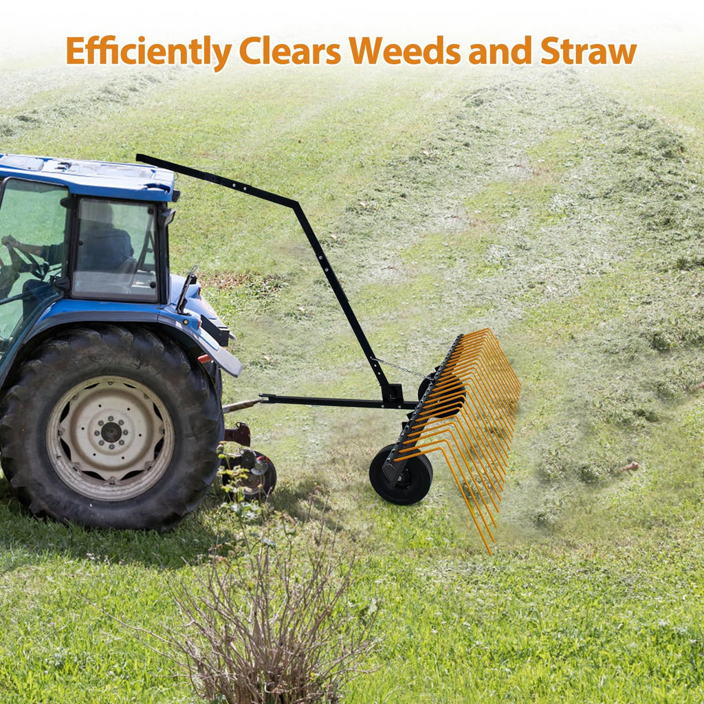 Garvee 59'' Tow Behind Lawn Dethatcher,24 Durable Spring Steel Tines Lawn Dethatcher, Tow Behind Steel Pine Straw Rake Designed to Lawn and Garden Tractors, Orange&Black