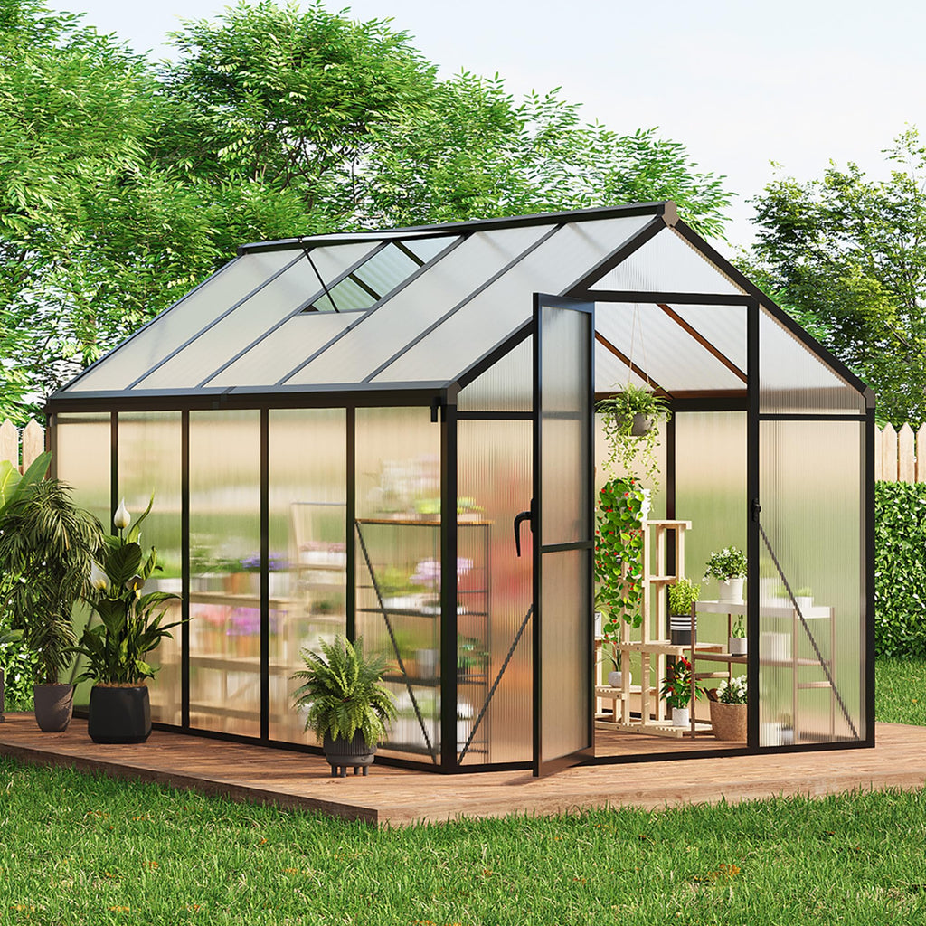 Garvee 6 × 10 ft Walk-In Greenhouse, Polycarbonate Greenhouse with Aluminum Frame, Roof Vent, Gutter System & Lockable Sliding Door for Backyard Garden