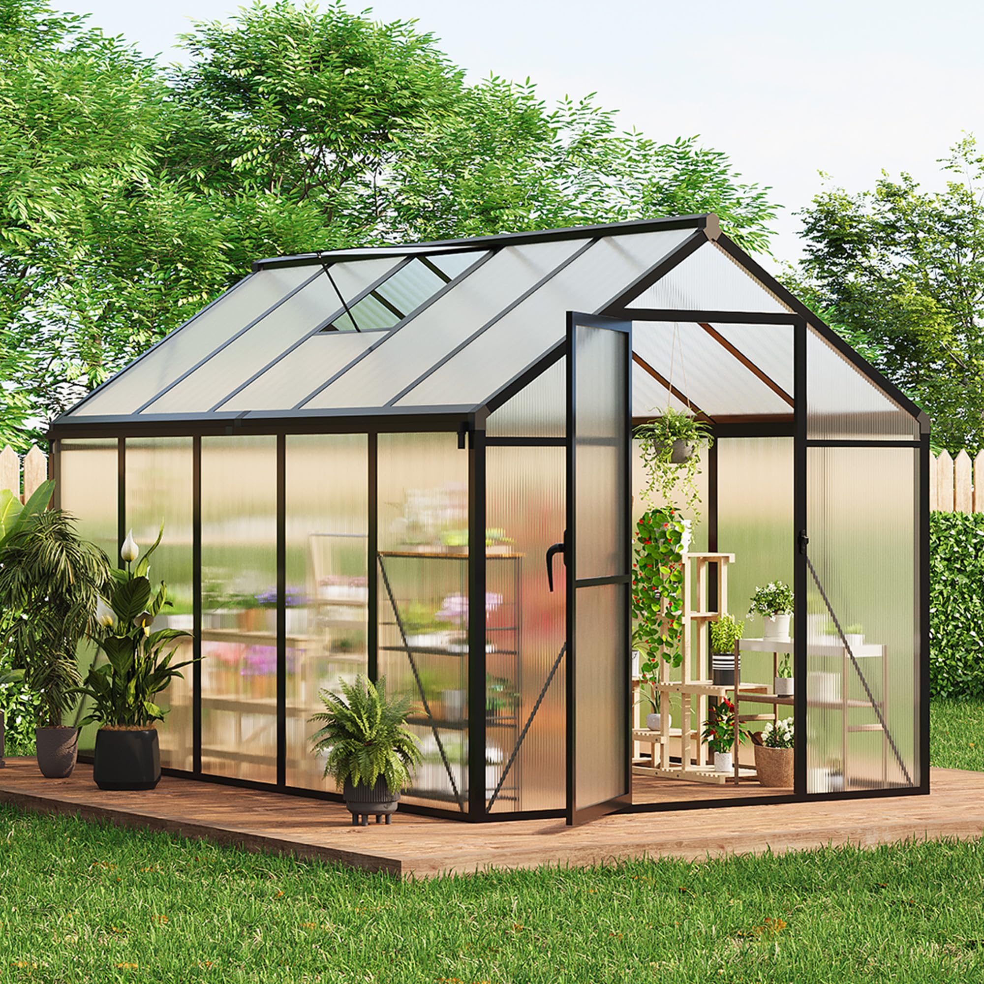 Garvee 6 × 10 ft Walk-In Greenhouse, Polycarbonate Greenhouse with Aluminum Frame, Roof Vent, Gutter System & Lockable Sliding Door for Backyard Garden