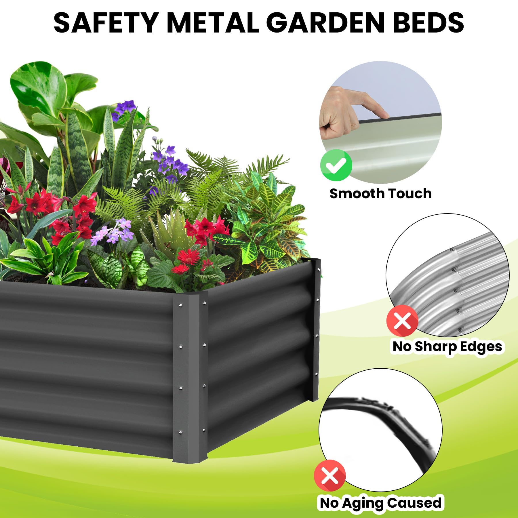 Garvee Galvanized Raised Garden Bed 6x3ft Metal Wave Design Heavy-Duty Steel Open Bottom Drainage Multiple Heights Outdoor Gardening