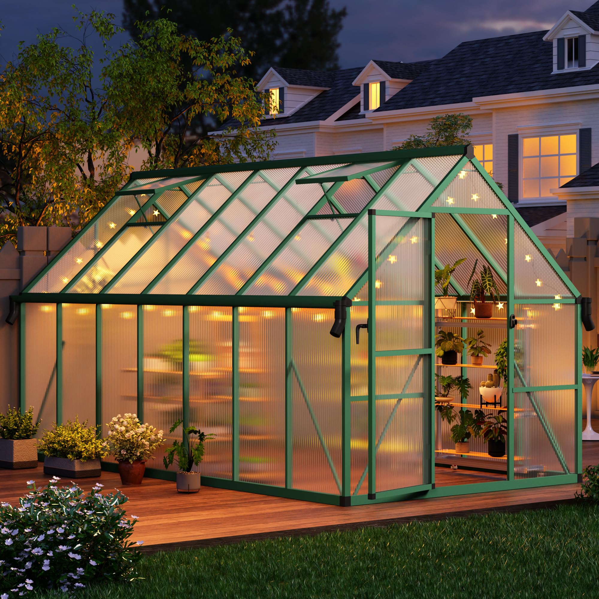 Garvee Spacious 8x14 FT Polycarbonate Greenhouse for Backyard – Large Aluminum Walk-In Grow Tent, Roof Vent, Ground Stakes, Lockable Push Door, For Garden Plants, Color: Green
