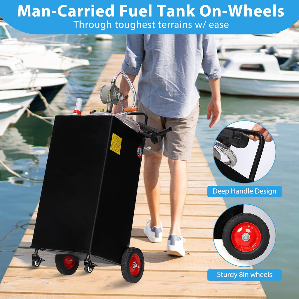 Garvee 35 Gallon Portable Fuel Caddy Heavy-Duty Gasoline Diesel Transfer Tank Manual Pump Spill-Proof Leak-Free 4-Wheel Mobile Farm Truck Boat Use