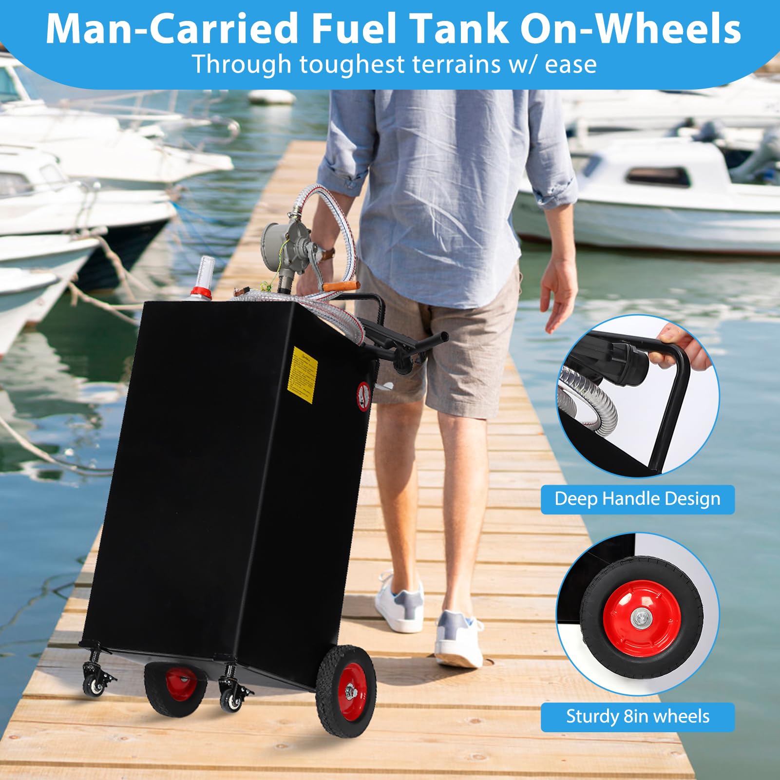 Garvee 35 Gallon Portable Fuel Caddy Heavy-Duty Gasoline Diesel Transfer Tank Manual Pump Spill-Proof Leak-Free 4-Wheel Mobile Farm Truck Boat Use