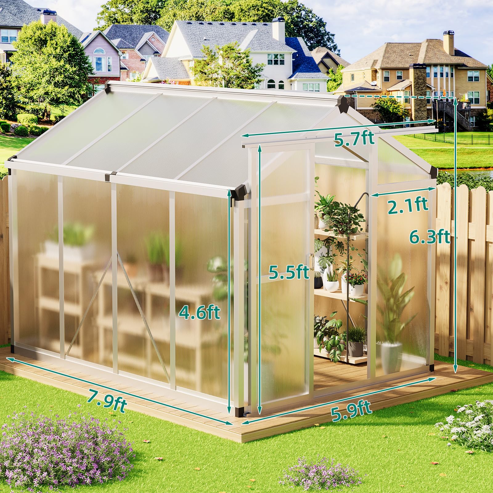 Garvee 6x8 FT Aluminum Greenhouse with Polycarbonate Panels, Roof Vent, Heavy Duty Frame, UV Protection, Walk-in Design for Garden & Patio