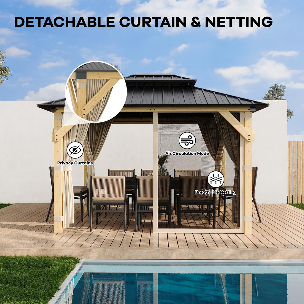 Garvee Wood Gazebo 10x12 Ft Double Galvanized Steel Roof Hardtop Wooden Frame with Nettings and Curtains for Backyard Patio Garden