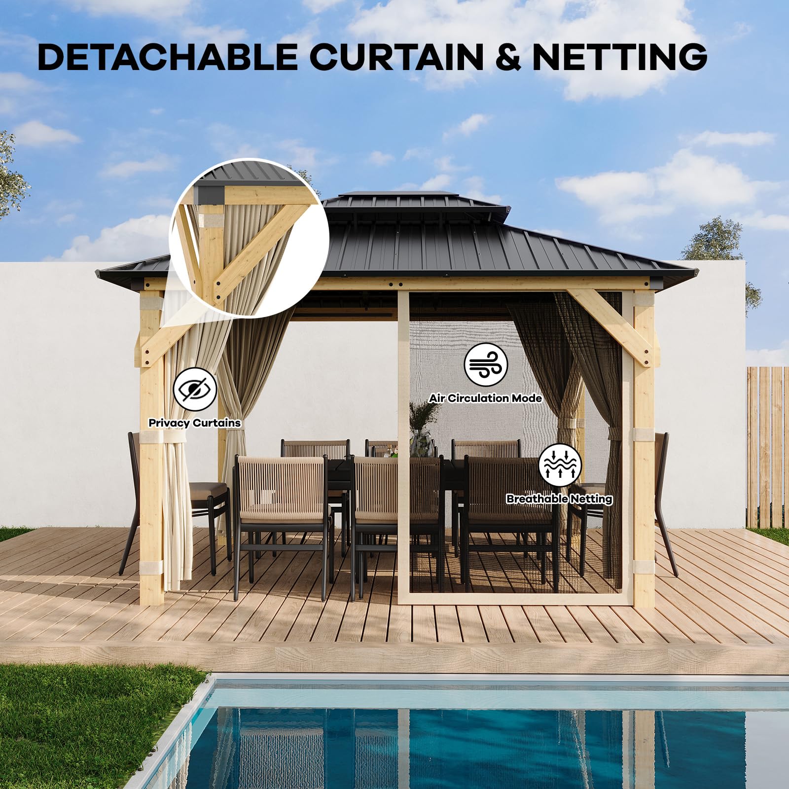 Garvee Wood Gazebo 10x12 Ft Double Galvanized Steel Roof Hardtop Wooden Frame with Nettings and Curtains for Backyard Patio Garden