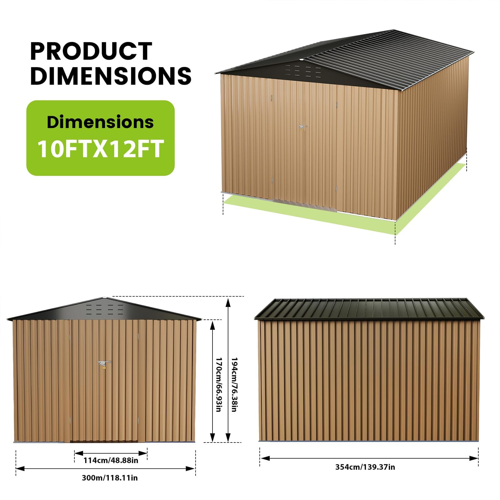 Garvee Outdoor Storage Shed 10x12 FT Metal Large Lockable Doors Waterproof Roof Sturdy Frame Brown Grey Patio Backyard Garage