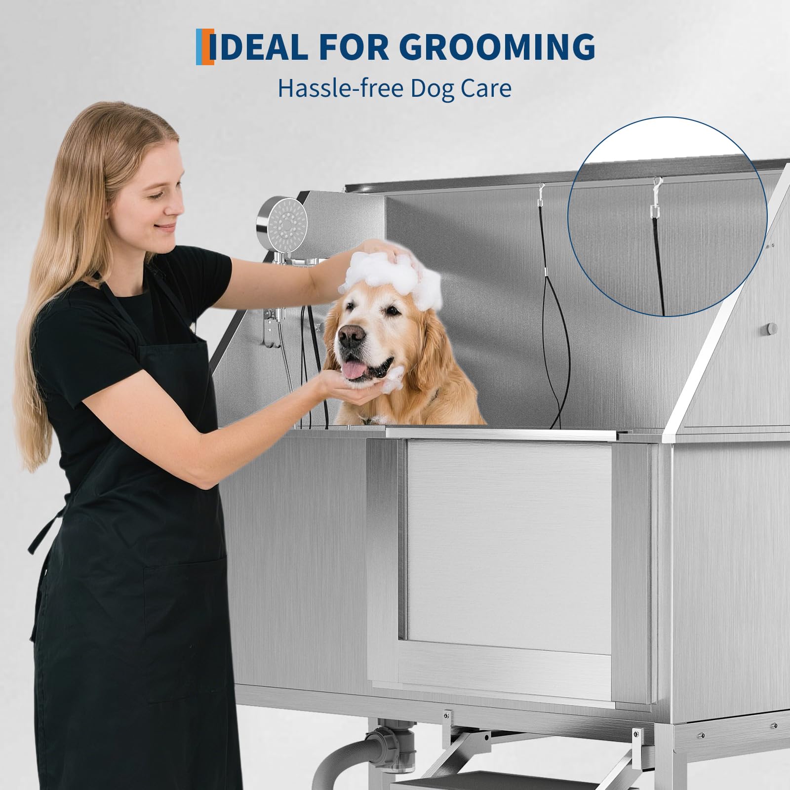 Garvee 50" Stainless Steel Dog Wash Tub, Dog Grooming Bathing Station with Non-Slip Stairs & Floor Grate, Large, Medium & Small Pets Bathtub for Grooming Salon/Home Use, Right-Side