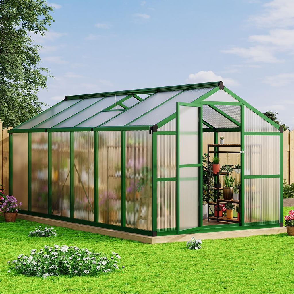 Garvee 8' × 12' Polycarbonate Greenhouse, Walk-In Garden House with Roof Vent, Green