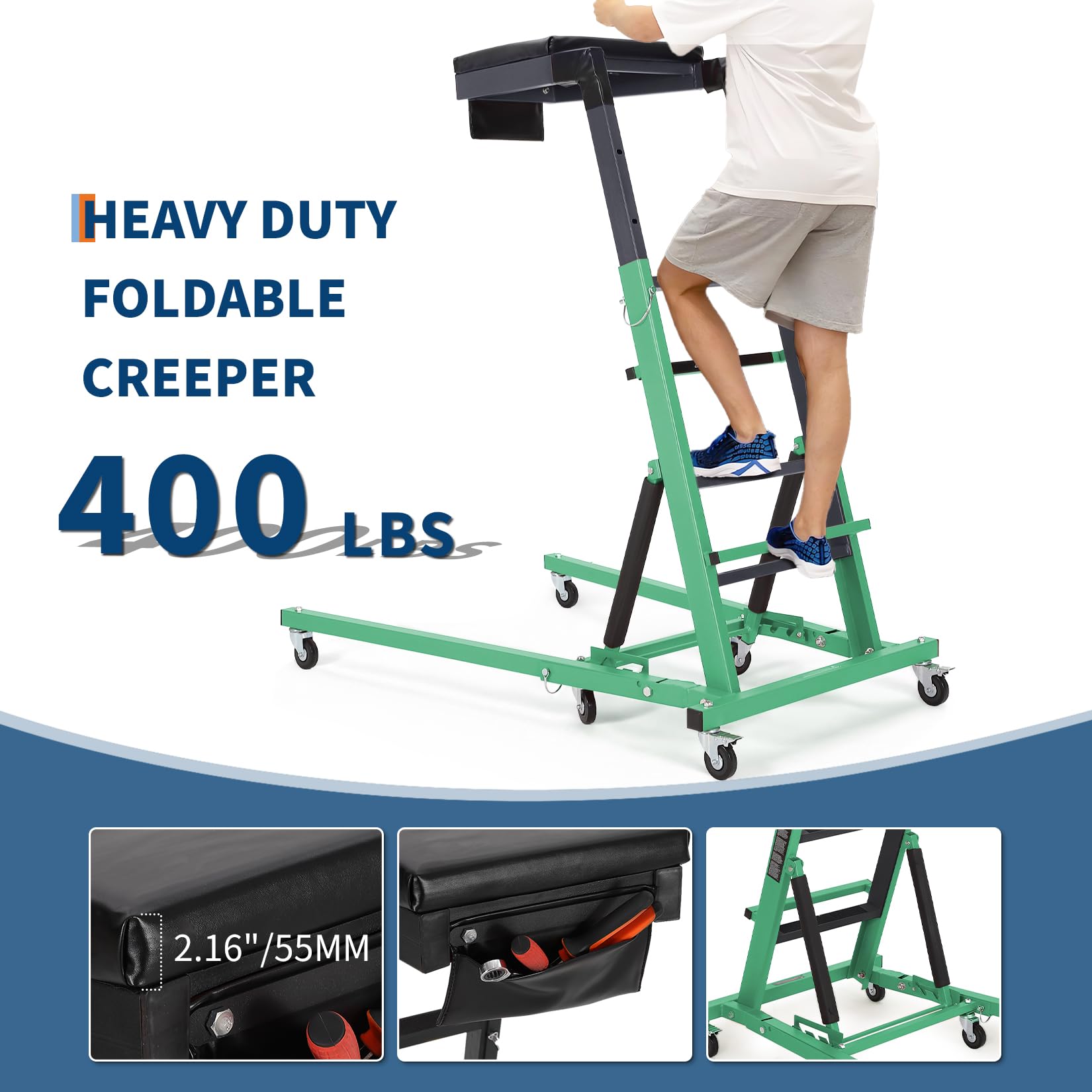 Garvee Top Automotive Creeper Adjustable Height 49.21-68.89" 400 LBS Capacity 6 Swivel Casters Steel Frame Foldable Garage Use