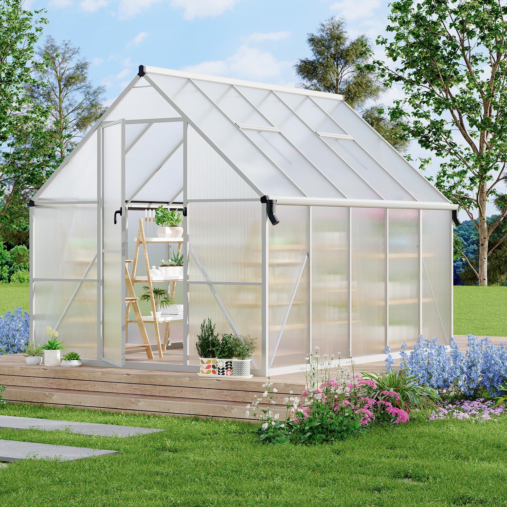 Garvee 8' × 10' Polycarbonate Greenhouse, Walk-In Aluminum Greenhouse with Lockable Door, Roof Vent, Rain Gutters & Reinforced Frame, Silver