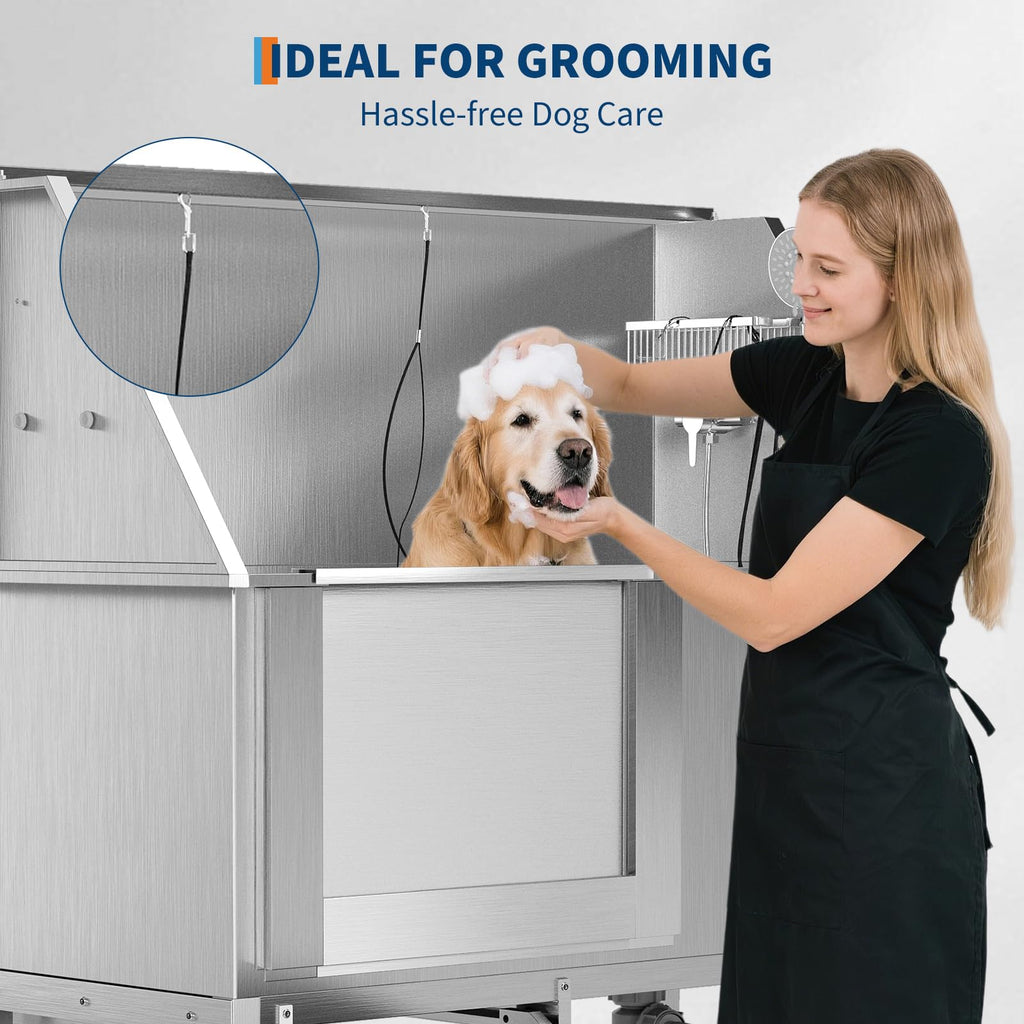 Garvee 50" Stainless Steel Dog Wash Tub, Dog Grooming Bathing Station with Non-Slip Stairs & Floor Grate, Large, Medium & Small Pets Bathtub for Grooming Salon/Home Use, Left-Side