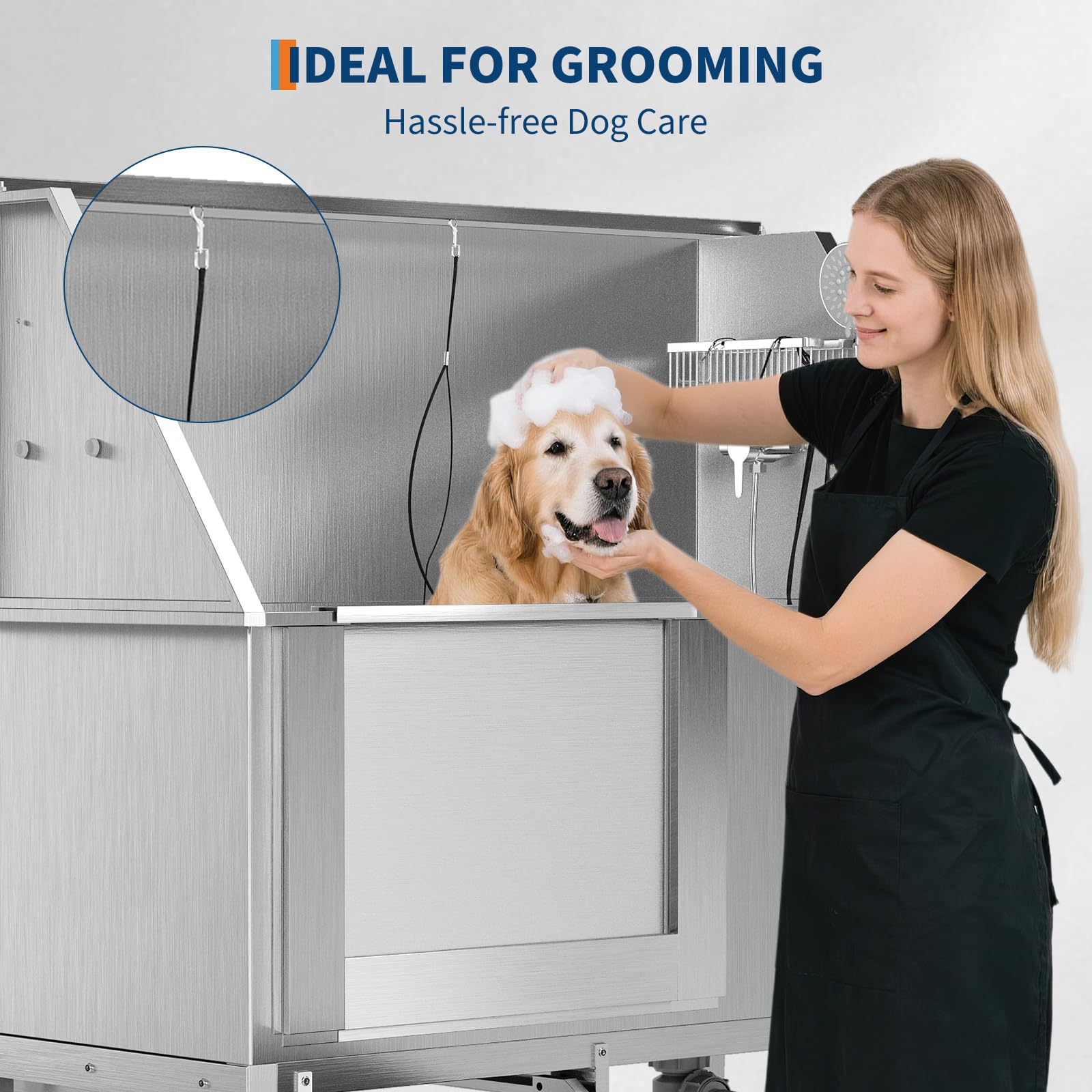 Garvee 50" Stainless Steel Dog Wash Tub, Dog Grooming Bathing Station with Non-Slip Stairs & Floor Grate, Large, Medium & Small Pets Bathtub for Grooming Salon/Home Use, Left-Side