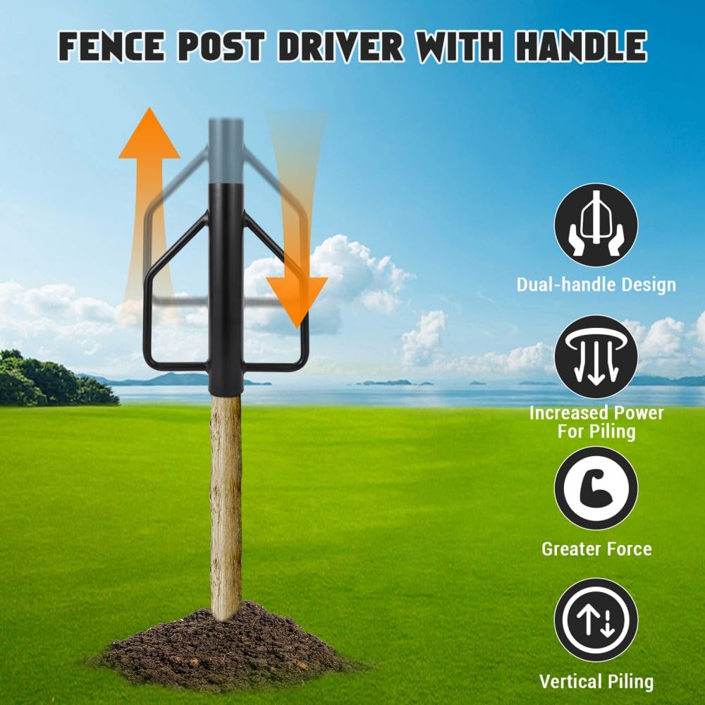 Garvee Fence Post Driver 12LB Carbon Steel Heavy Duty Ergonomic Handles Rust Resistant 3in Diameter Farm Fencing Construction