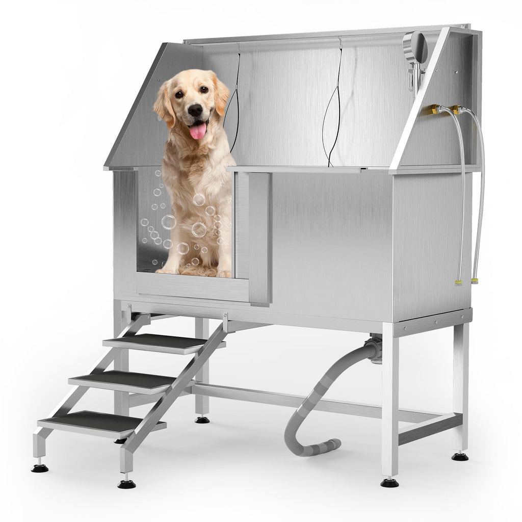 Garvee 50" Stainless Steel Dog Wash Tub, Dog Grooming Bathing Station with Non-Slip Stairs & Floor Grate, Large, Medium & Small Pets Bathtub for Grooming Salon/Home Use, Left-Side