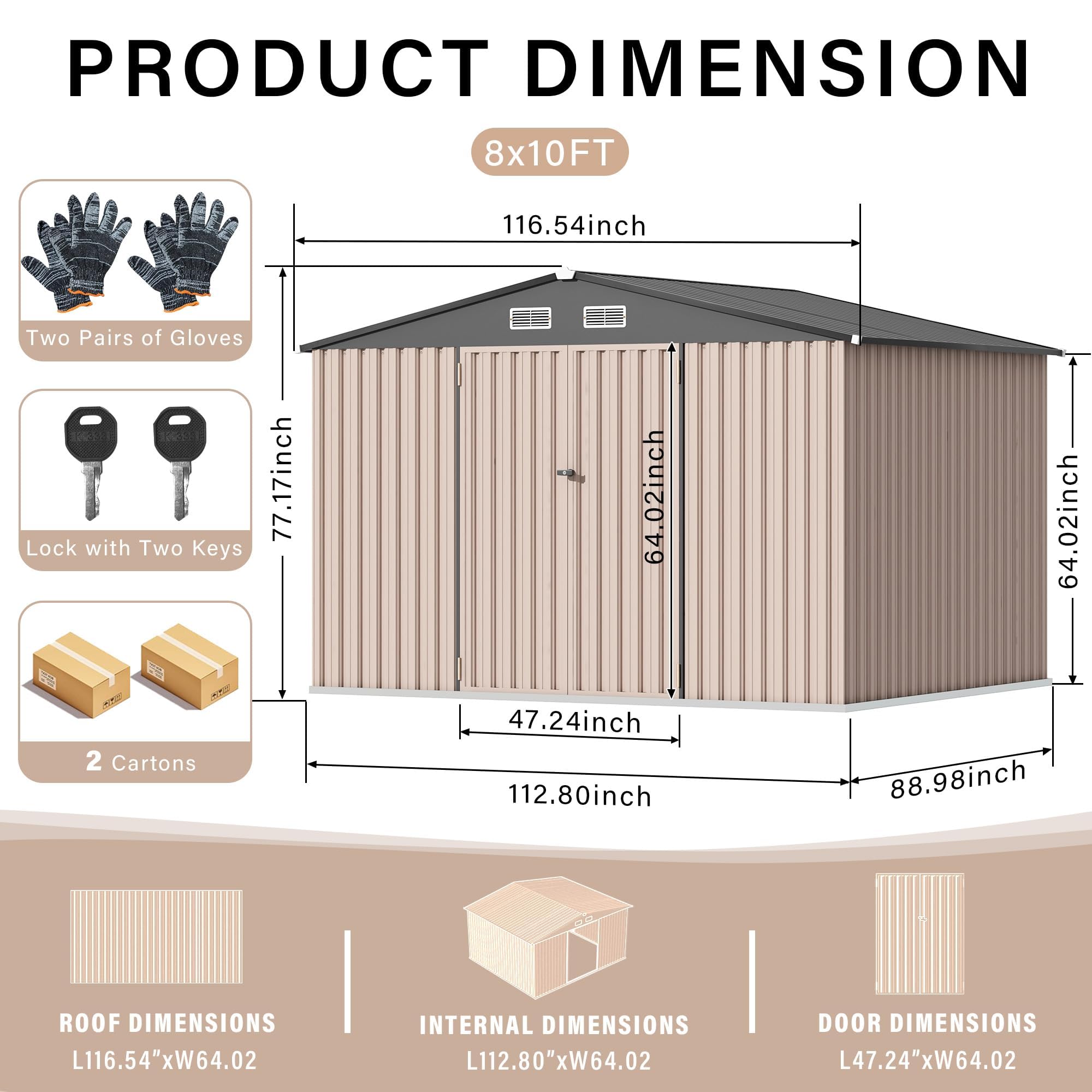 Garvee Outdoor Metal Storage Shed 8x10 FT with Lockable Doors & Air Vents, Sloped Roof, Galvanized Steel, Rustproof, Large Capacity for Garden Patio Lawn
