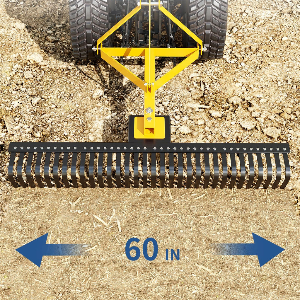 Garvee Landscape Rake for Tractor 60" Wide Coverage Hard Stainless Steel Tines 3-Point Hitch Easy Install Lawn and Garden，Rake Gravel Driveway