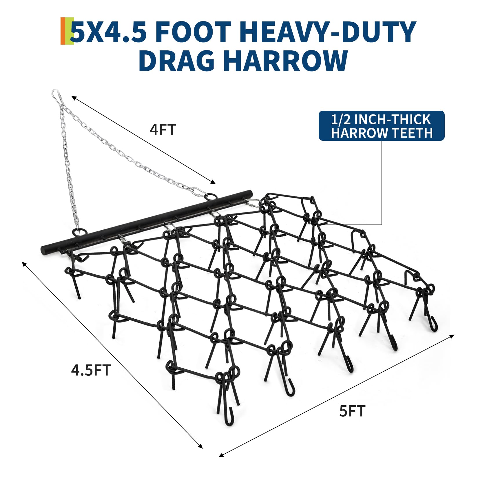 Garvee Heavy Duty Drag Harrow 5x4.5 FT Q235 Steel Thick Tines Adjustable Tow Bar Powder Coated Black for ATV UTV Lawn Tractors Farm Landscaping