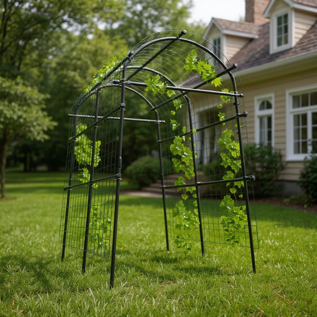 Garvee 7.5FT Garden Arch Trellis with Netting, Adjustable Metal Plant Support for Climbing Vines, Roses, Cucumbers & Raised Beds, Black