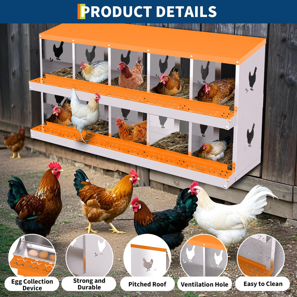 Garvee 10-Hole Chicken Nesting Box Galvanized Steel Rustproof Automatic Egg Collection Ventilated Easy Install Wall or Freestanding for Chicken Coop Orange