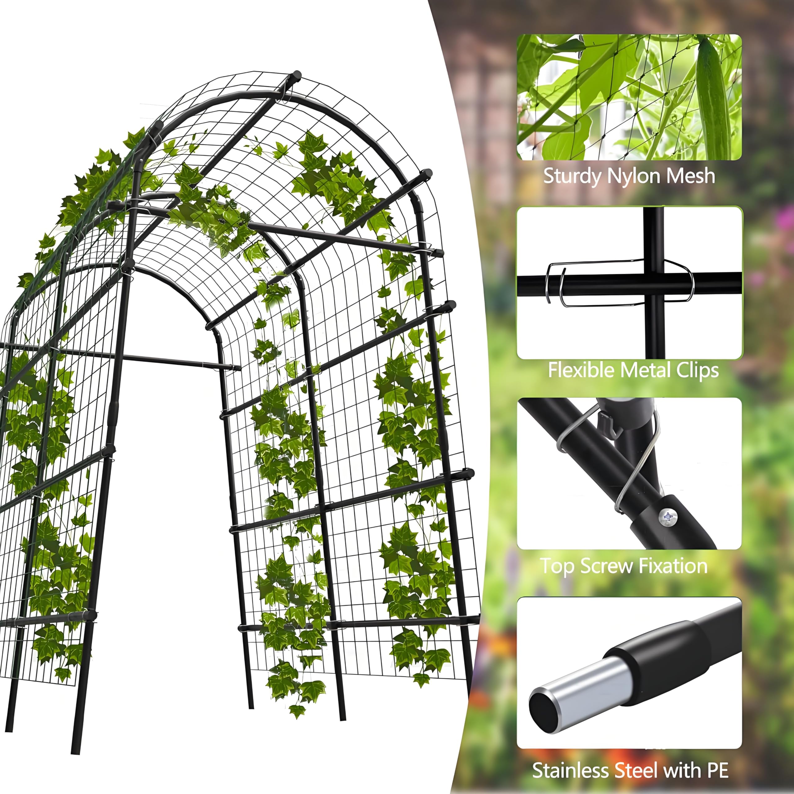 Garvee Garden Arch Trellis 7.5FT Extra Tall Stainless Steel Polyethylene-Coated Sturdy Netting Adjustable Width Outdoor Wedding Party Decor