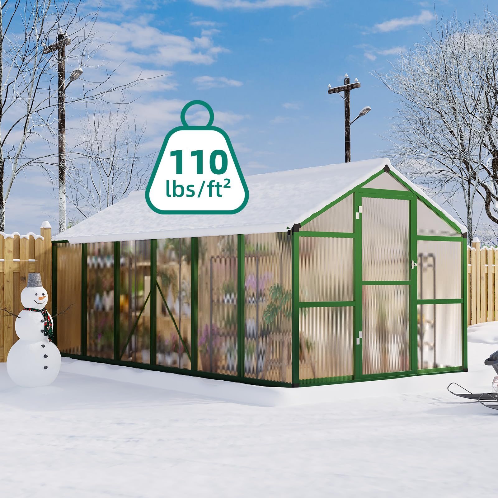 Garvee 8' × 12' Polycarbonate Greenhouse, Walk-In Garden House with Roof Vent, Green