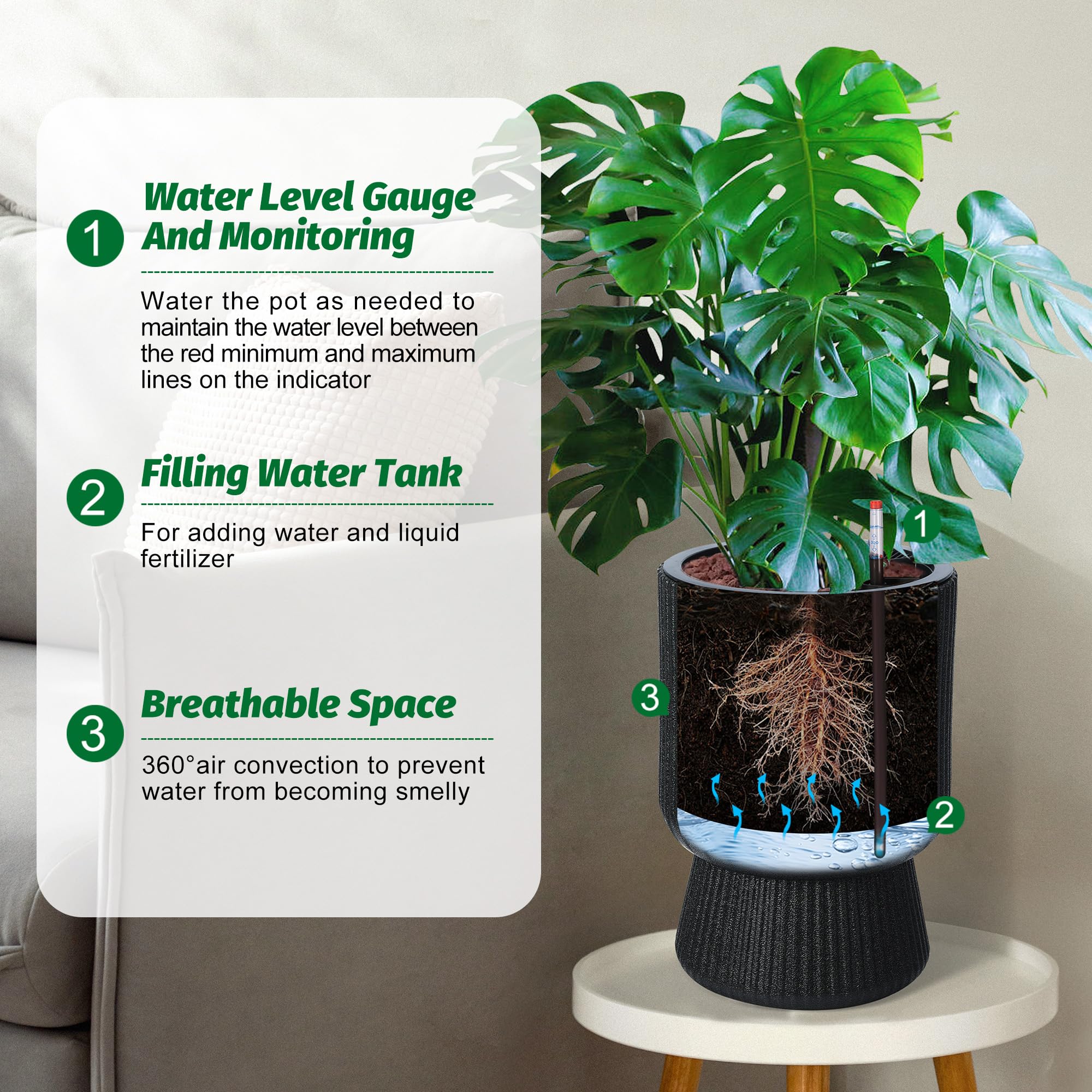 Garvee 14 Inch Self Watering Plant Pots with Drainage Holes, Water Level Monitor, Tall Indoor Planters, Freeze-Proof UV Material, Ideal for Patio & Porch