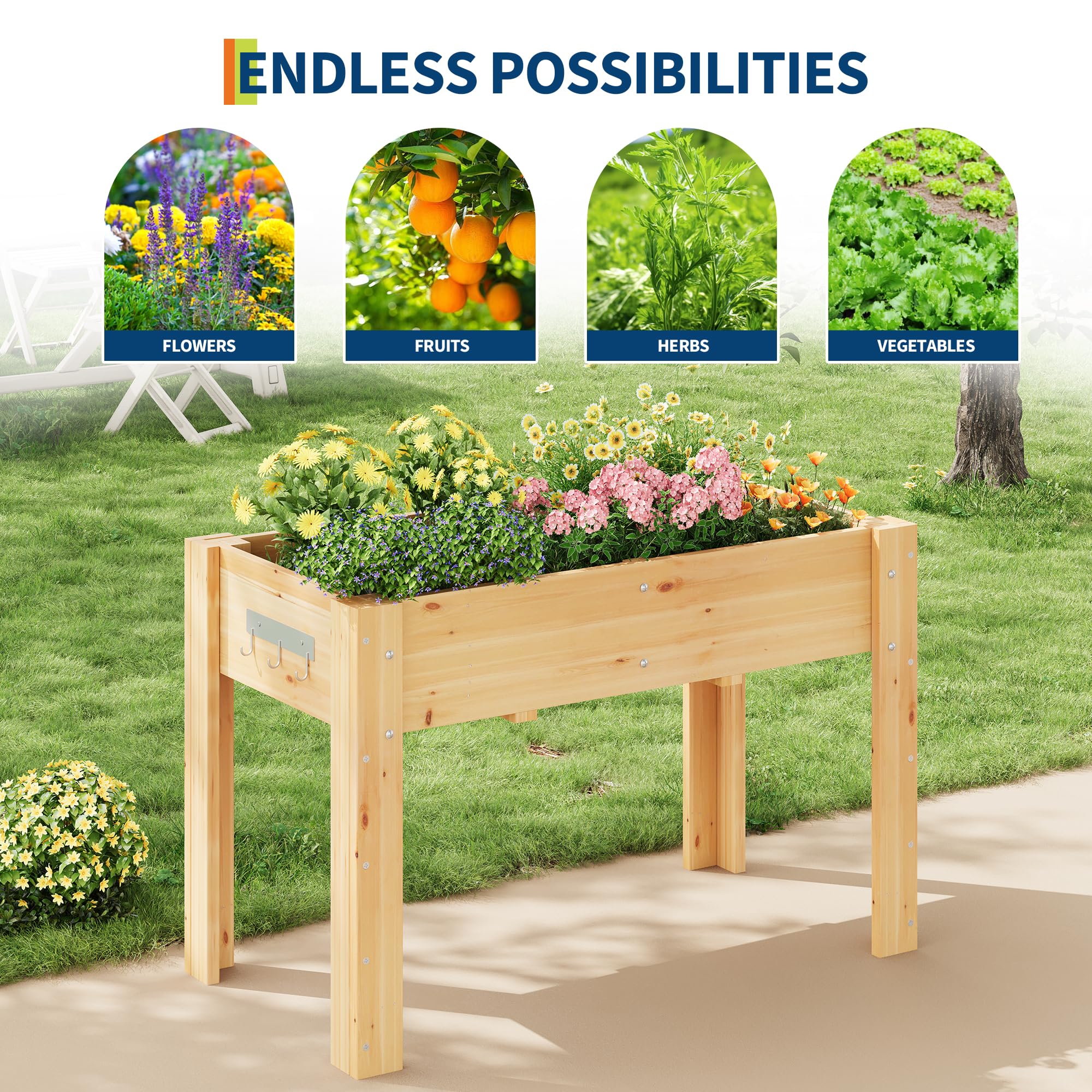 Garvee Raised Garden Bed 47x30x23in Solid Fir Wood Elevated Planter with Fabric Liner, Hooks & Legs for Outdoor Vegetable Herb Growing Patio