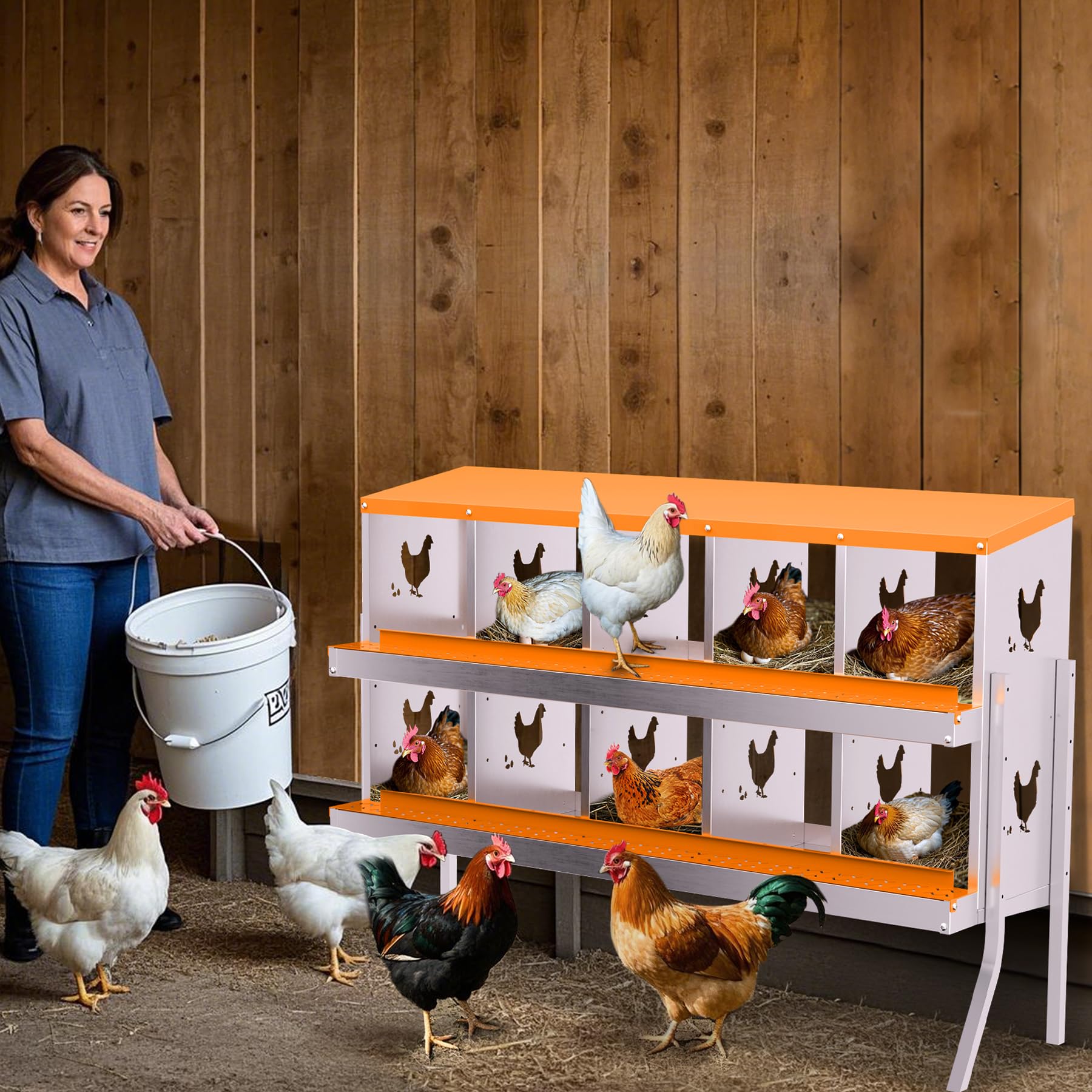 Garvee 10-Hole Bracket Legs Chicken Nesting Box Galvanized Steel Rustproof Automatic Egg Collection Ventilated Easy Install Wall or Freestanding for Chicken Coop Orange