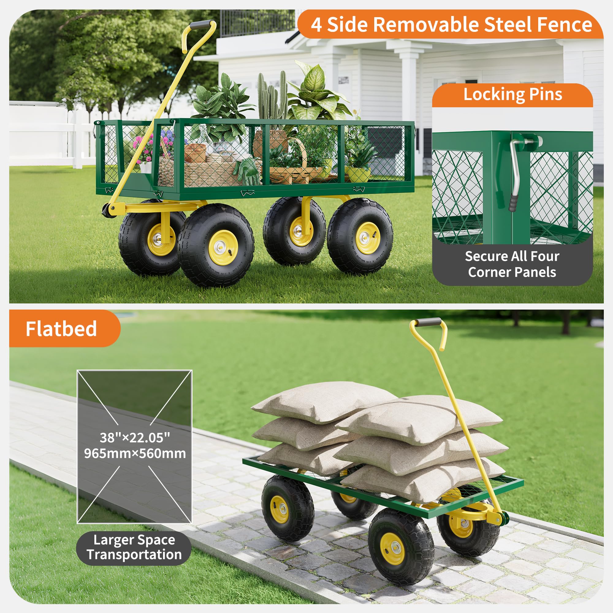 Garvee 900 Lbs Garden Wagon Heavy-Duty Steel Cart with 10" All-Terrain Tires, Removable Mesh Panels, 180° Rotating Handle for Outdoor Gardens