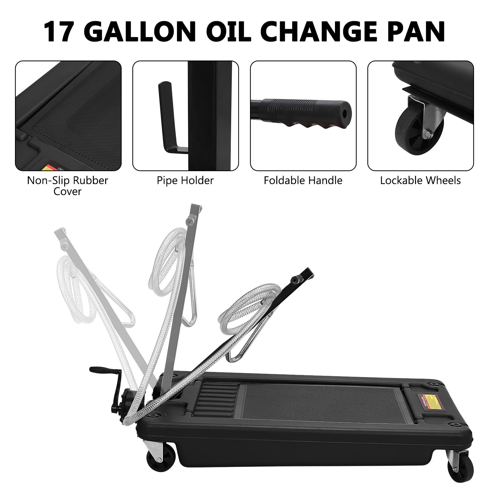 Garvee 17 Gallon Oil Drain Pan with Pump & 8 Ft Hose, Low Profile, T Folding Handle, Polypropylene, Wheels, for Trucks Cars SUVs