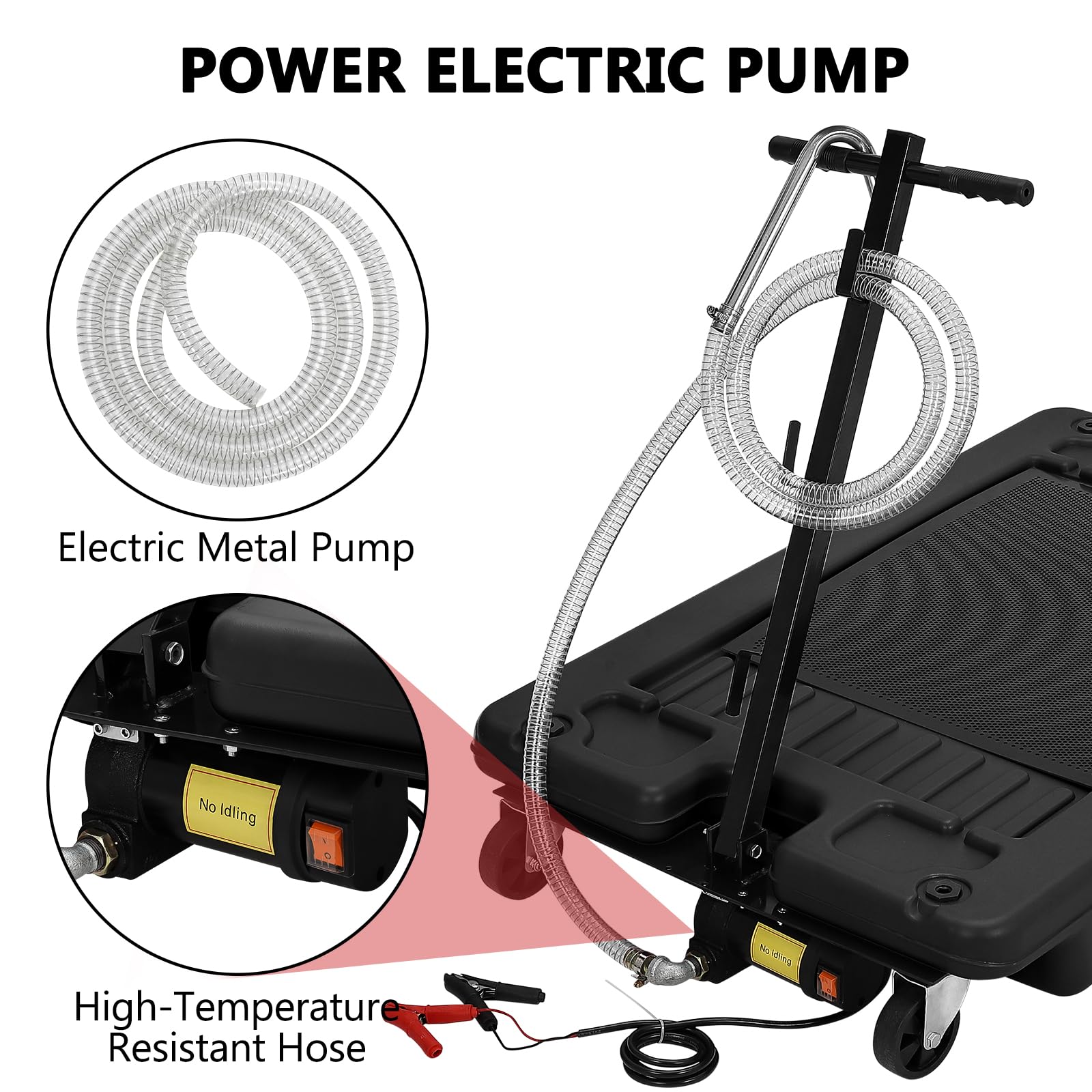 Garvee 17 Gallon Electric Oil Drain Pan with 12V Pump & 8 Ft Hose, Low Profile, T Folding Handle, Polypropylene, Wheels, for Cars SUVs Trucks