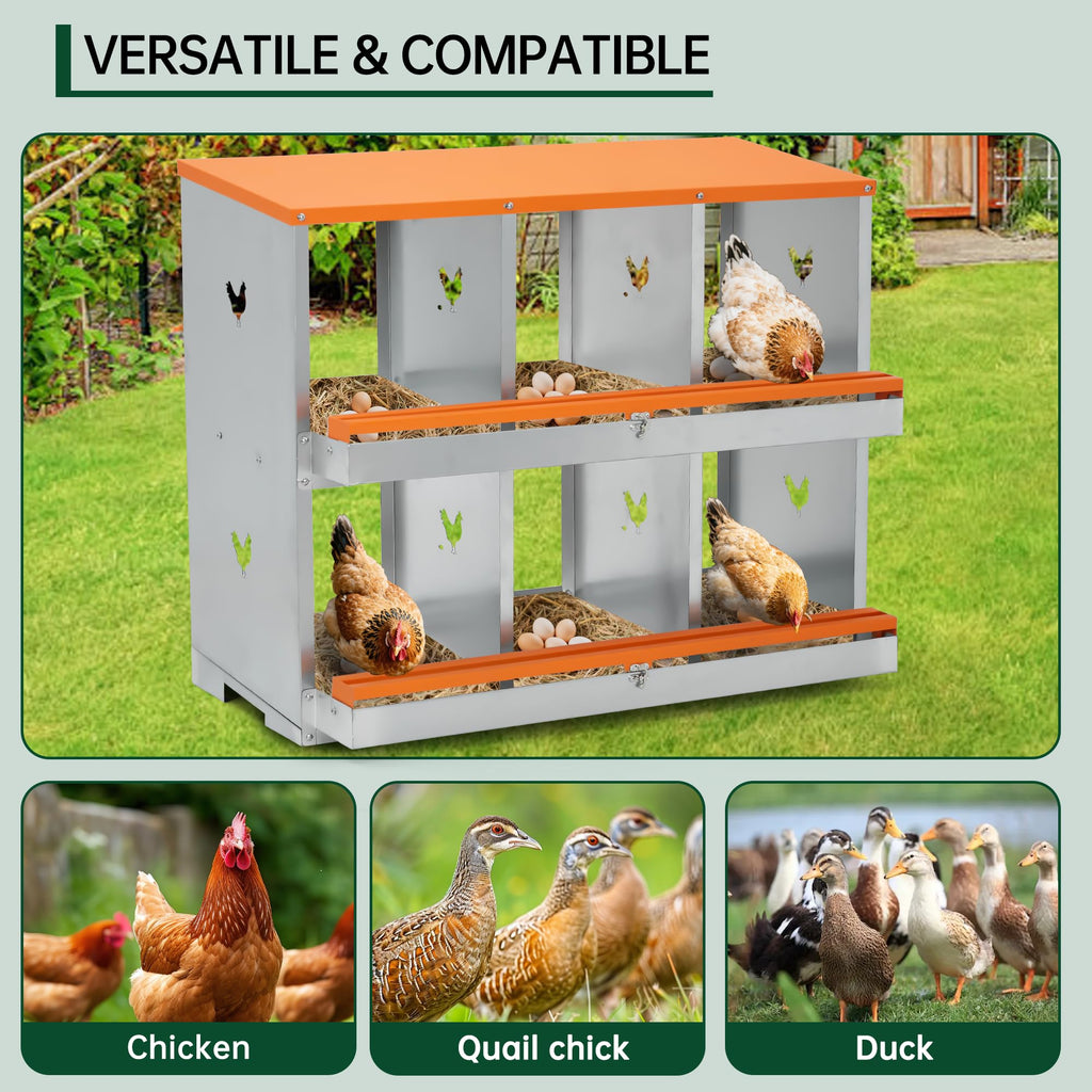 Garvee Chicken Nesting Box 6 Holes Heavy Duty Galvanized Steel Two-Tier Ventilated Dry Bedding Easy Assembly for Chicken Coop