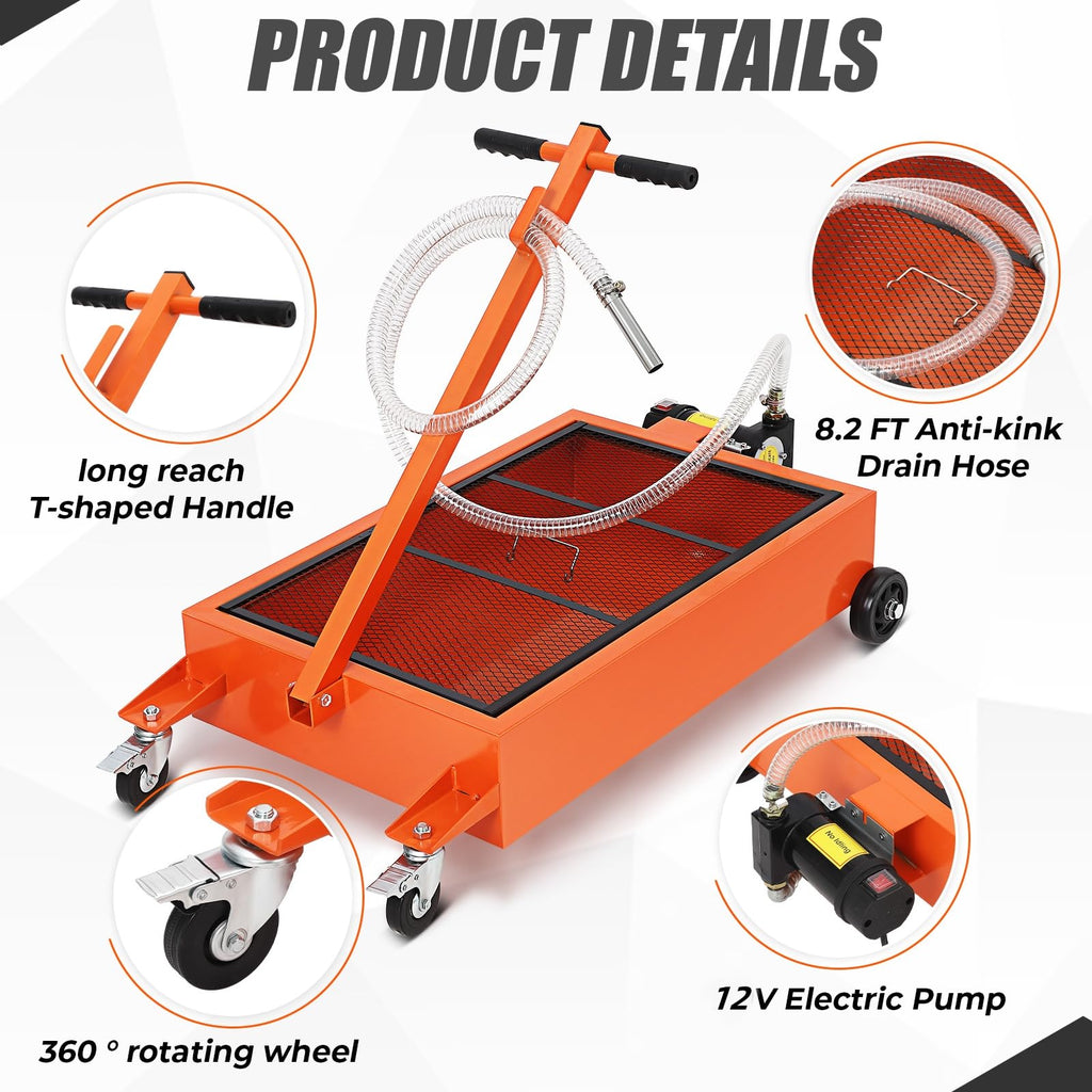 Garvee Oil Drain Pan 20 Gallon Low Profile, 12V Electric Pump, 8.2 Ft Hose T Folding Handle, for Truck RV Bus Oil Change, Orange
