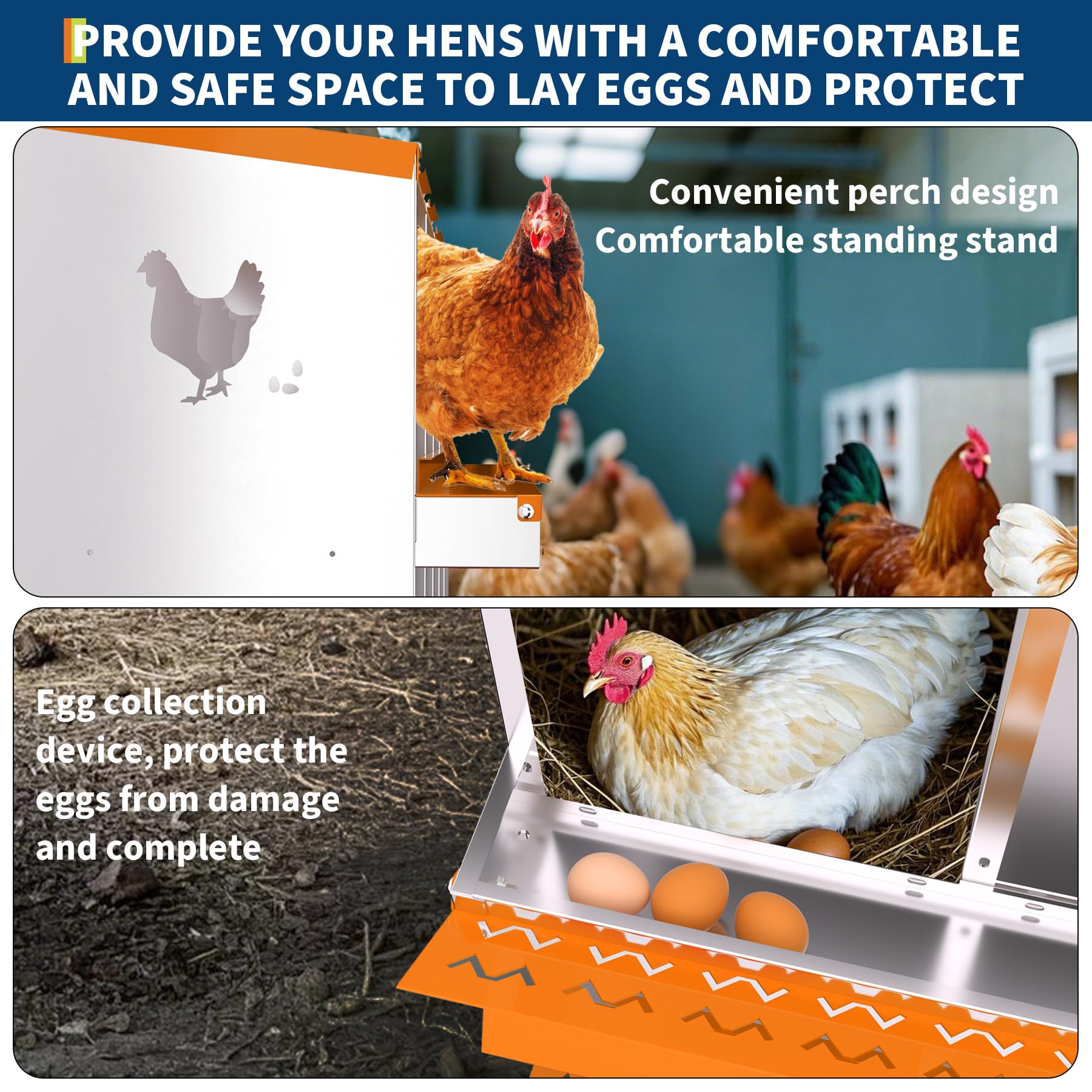 Garvee 10-Hole Chicken Nesting Box Galvanized Steel Rustproof Automatic Egg Collection Ventilated Easy Install Wall or Freestanding for Chicken Coop Orange