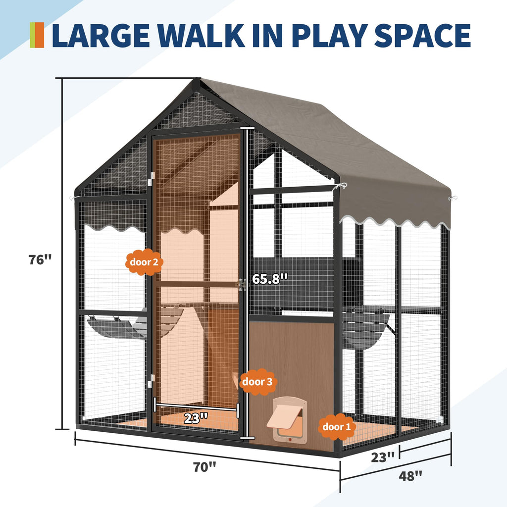 Garvee Catio Outdoor Cat Enclosure, Large Catio with Weatherproof Roof, Channels & Side Door, UV Proof Cover, Huge Condo, Platform, Aluminum Outdoor Cat Enclosure, 70"Lx48"Wx76"H