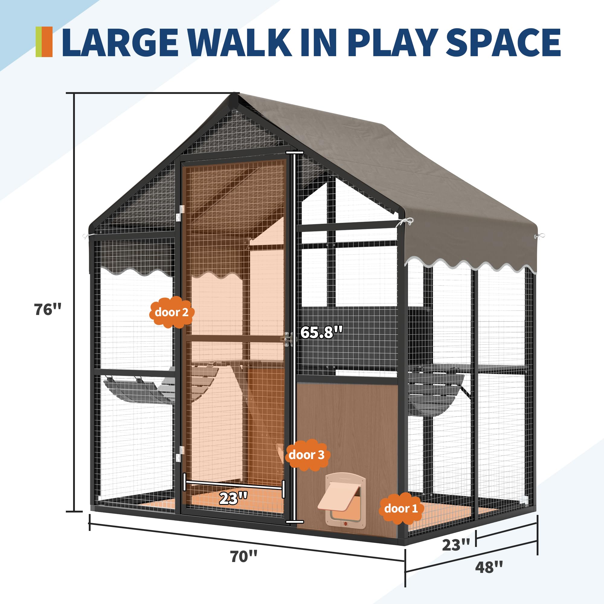 Garvee Catio Outdoor Cat Enclosure, Large Catio with Weatherproof Roof, Channels & Side Door, UV Proof Cover, Huge Condo, Platform, Aluminum Outdoor Cat Enclosure, 70"Lx48"Wx76"H