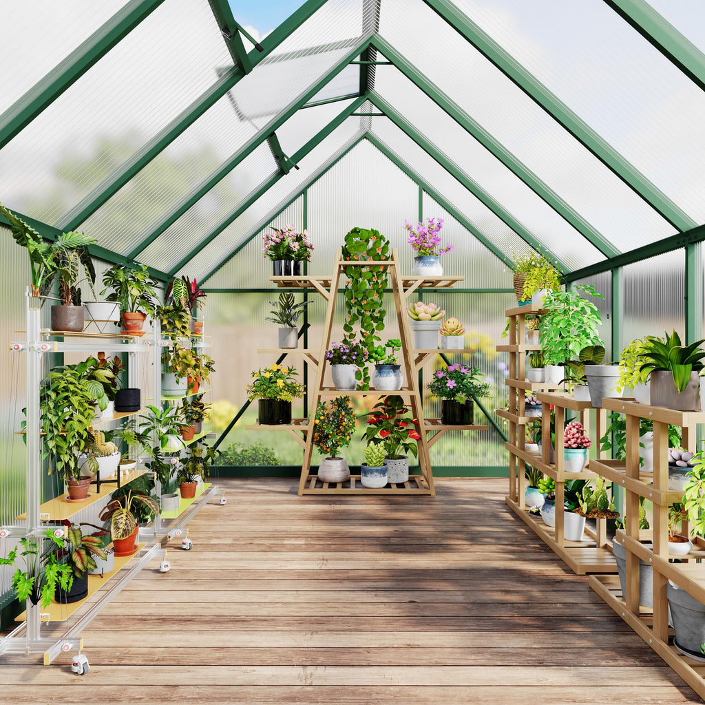 Garvee 6' x 9' Polycarbonate Walk-In Greenhouse, Aluminum Frame Greenhouse with 4mm Twin-Wall Panels, Lockable Door, Roof Vent & Ground Stakes, Green