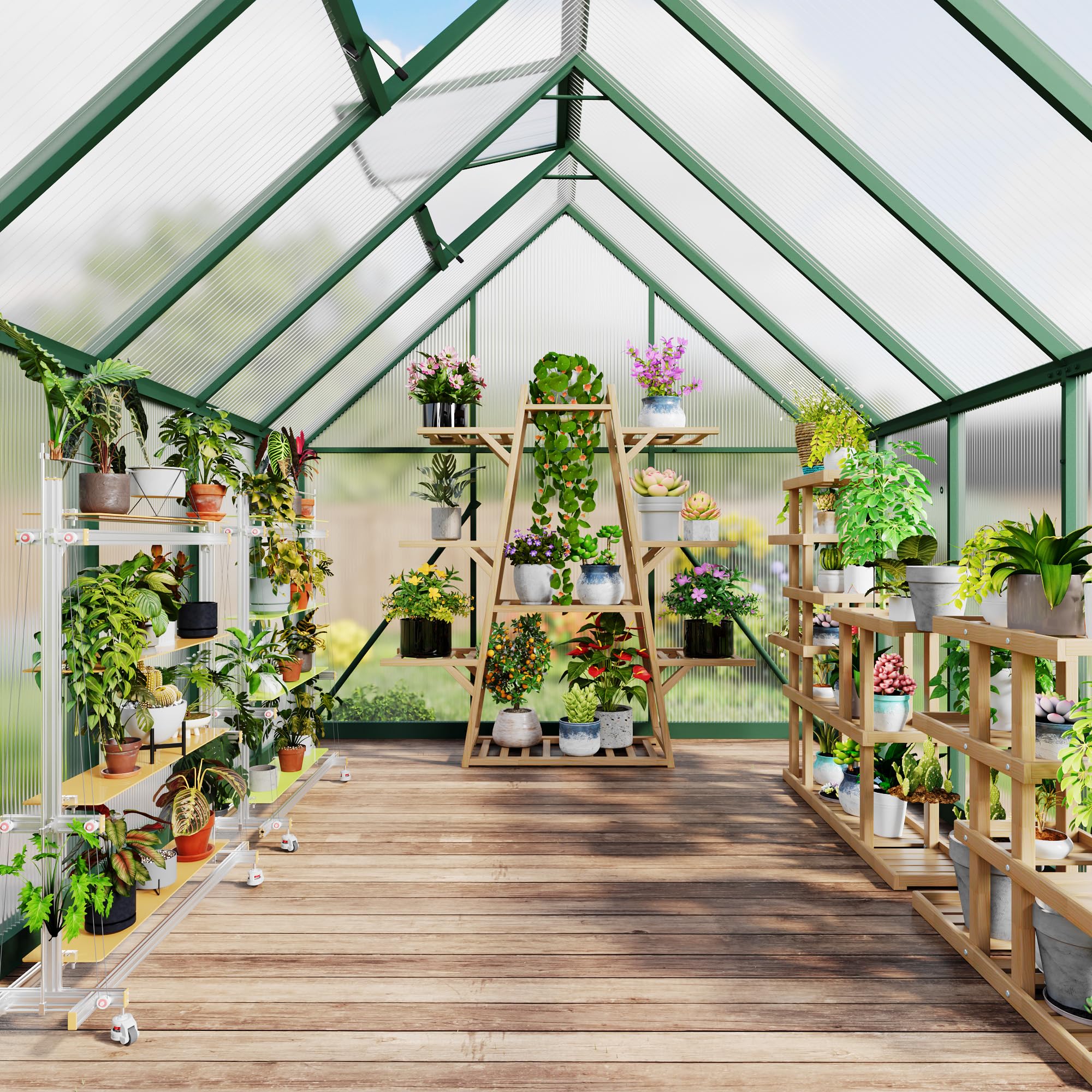 Garvee 6' x 9' Polycarbonate Walk-In Greenhouse, Aluminum Frame Greenhouse with 4mm Twin-Wall Panels, Lockable Door, Roof Vent & Ground Stakes, Green
