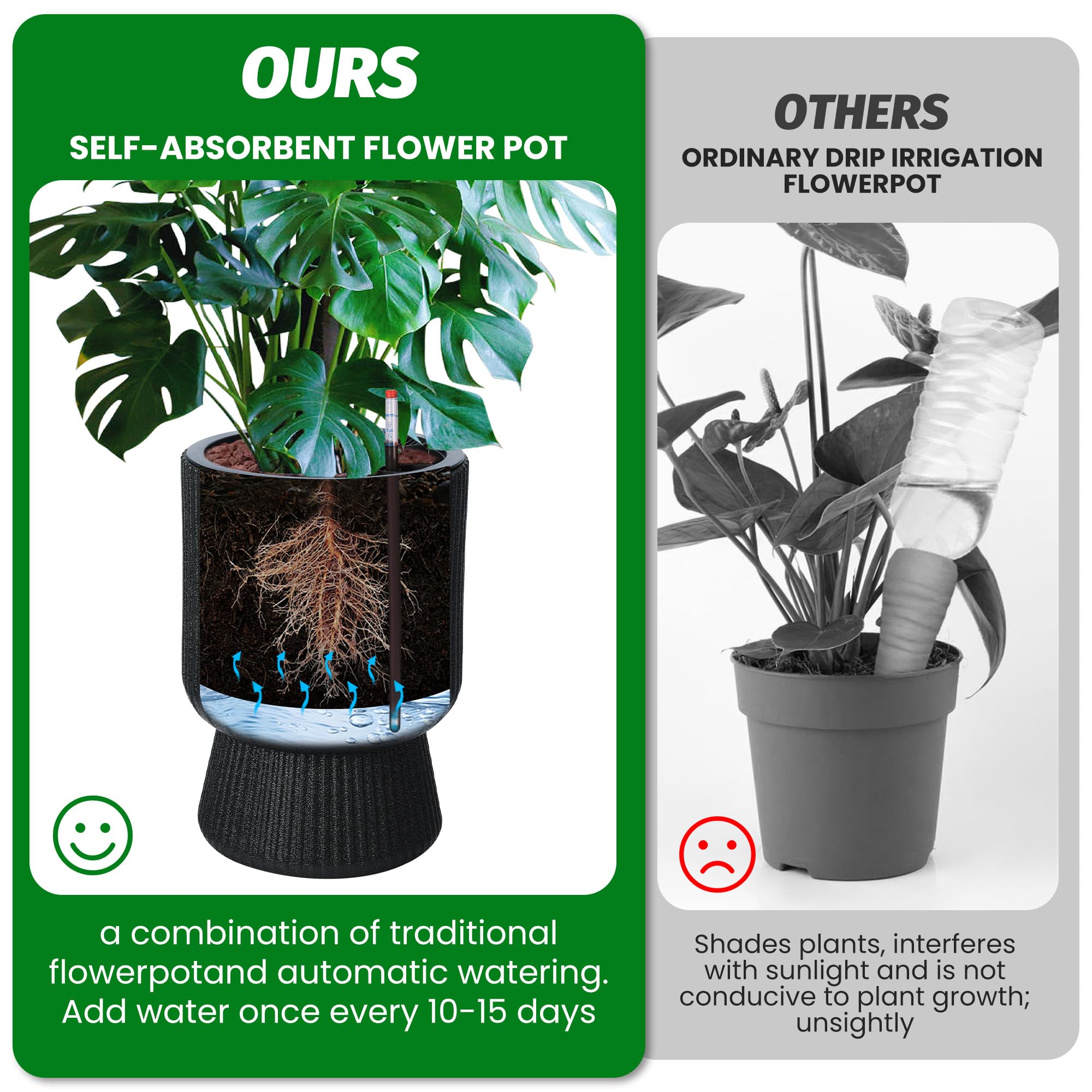 Garvee 14 Inch Self Watering Plant Pots with Drainage Holes, Water Level Monitor, Tall Indoor Planters, Freeze-Proof UV Material, Ideal for Patio & Porch