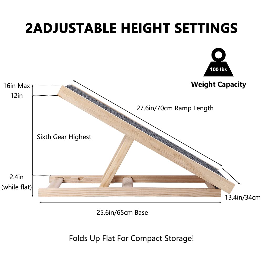 Garvee Wooden Adjustable Dog Ramp for Bed Couch, 27.6'' x 13.4'' Foldable Pet Ramp for Small or Large Dog with Non-Slip Surface Portable Dog Car Ramp for SUV Car, RVs & Truck, Up to 100 LBS