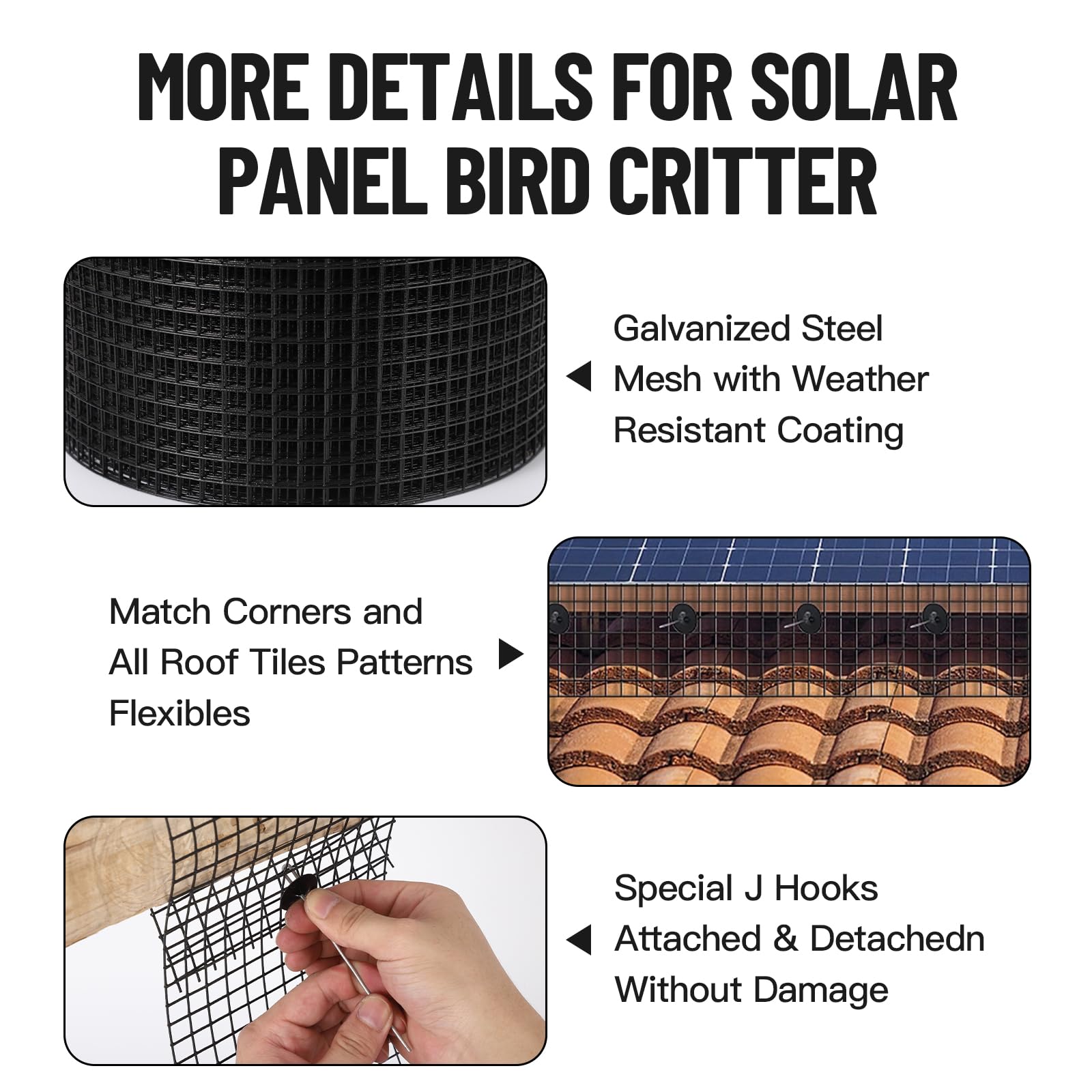 Garvee 8x100ft Solar Panel Bird & Critter Guard Roll – 1/2" PVC-Coated Galvanized Mesh Kit with Stainless Fasteners, Gloves & Scissors