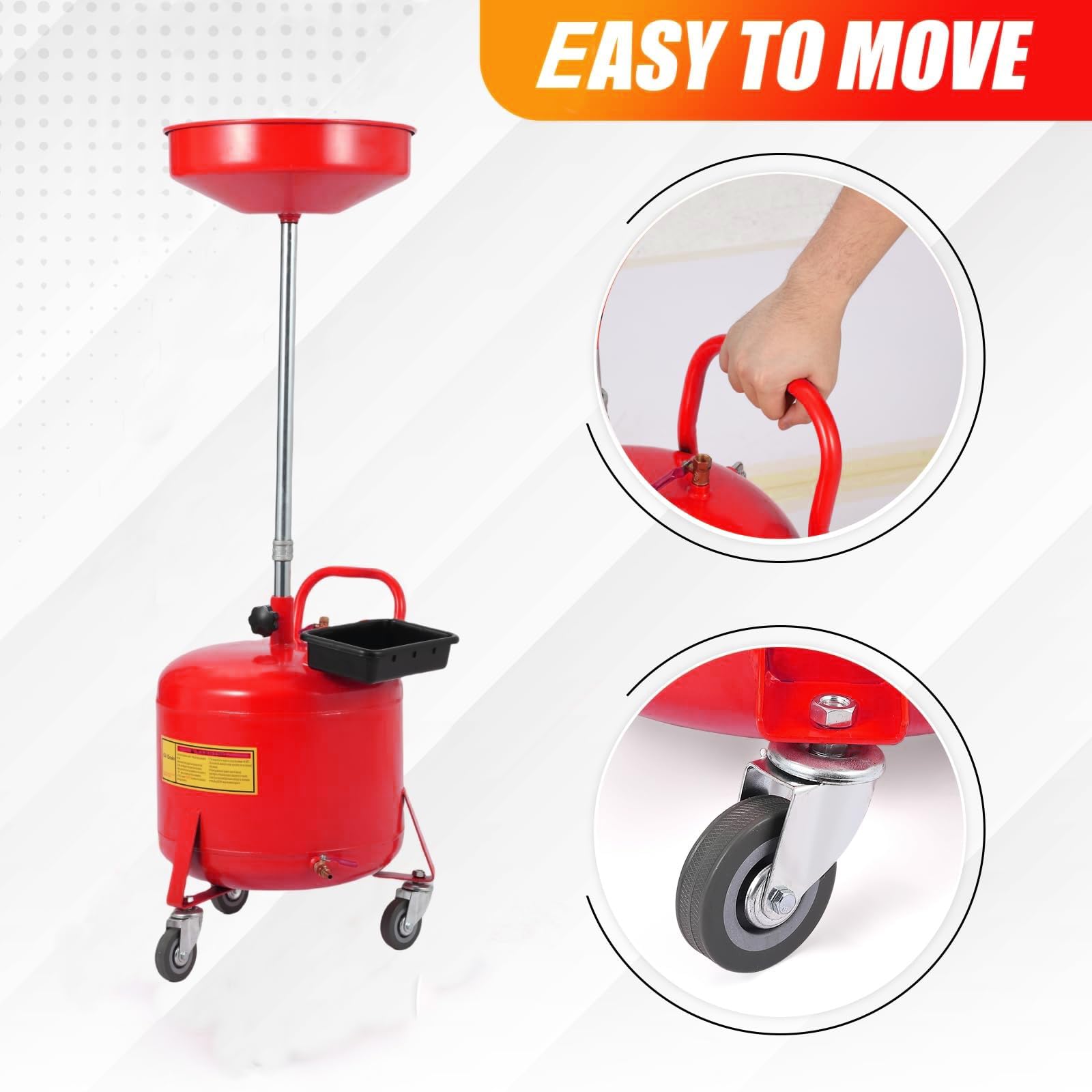 Garvee 8 Gal Portable Waste Oil Drain Change Tank, 15 in Funnel, Adjustable Height 28"-62", 360° Wheels, Built-in Toolbox for Auto Repair, Red