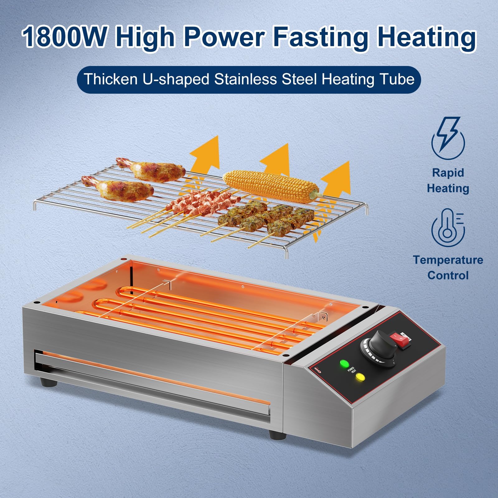 Garvee Indoor Electric Grill Smokeless 1800W Rapid Heat Stainless Steel Removable Griddle Adjustable Temp 122°F-572°F Family Dinners Camping