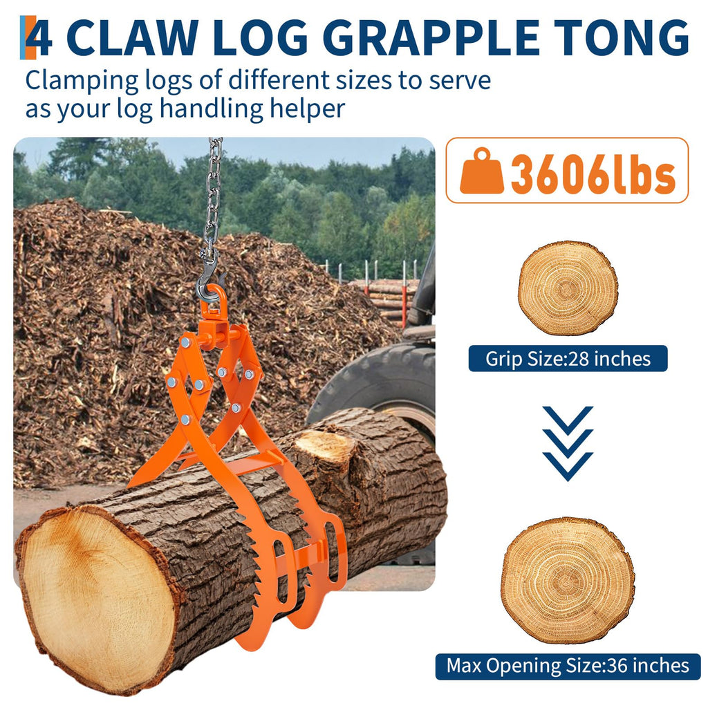 Garvee 36 Inch 4 Claw Timber Claw Hook Log Grapple 3606LB Capacity Serrated Steel Claws Powder-Coated Steel Universal Fit for Tractors Logging